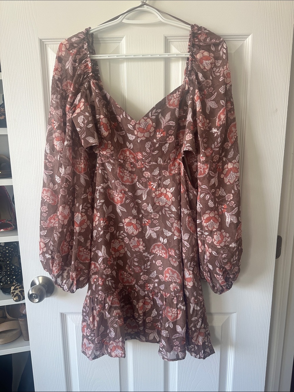Dynamite Floral Long-Sleeve Mini Dress in Mauve and Coral